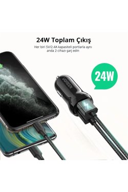 UGreen 24W Hızlı Araç Şarj Cihazı Çakmaklık Adaptörü 2XUSB-A Siyah