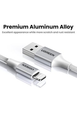 UGREEN Lightning to USB-A Örgülü MFi Sertifikalı iPhone Hızlı Şarj Kablosu 1 Metre Gümüş 60161