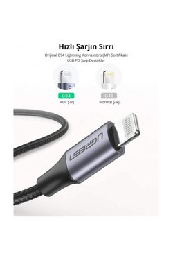 Ugreen Type-C To Lıghtnıng 3A Pd Mfi Sertifikalı Örgülü Hızlı Şarj Kablosu 2 Mt Siyah 60761