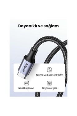 UGREEN USB-C 60W Thunderbolt USB3.1 GEN1 3A QC PD Hızlı Şarj Kablosu 1.5 Metre Siyah 50751